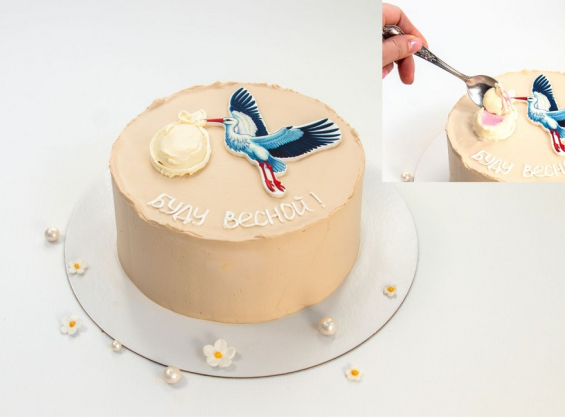 Торт на гендер пати "Аист" на заказ в Екатеринбурге. Детские торты - от кондитерской фабрики "9 Островов"